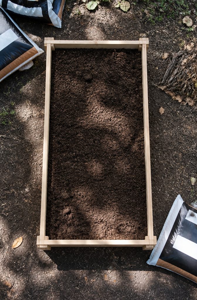 How to Build an Easy DIY Raised Garden Bed in 8 Steps 6 A raised bed being filled with soil, illustrating the mix of materials.