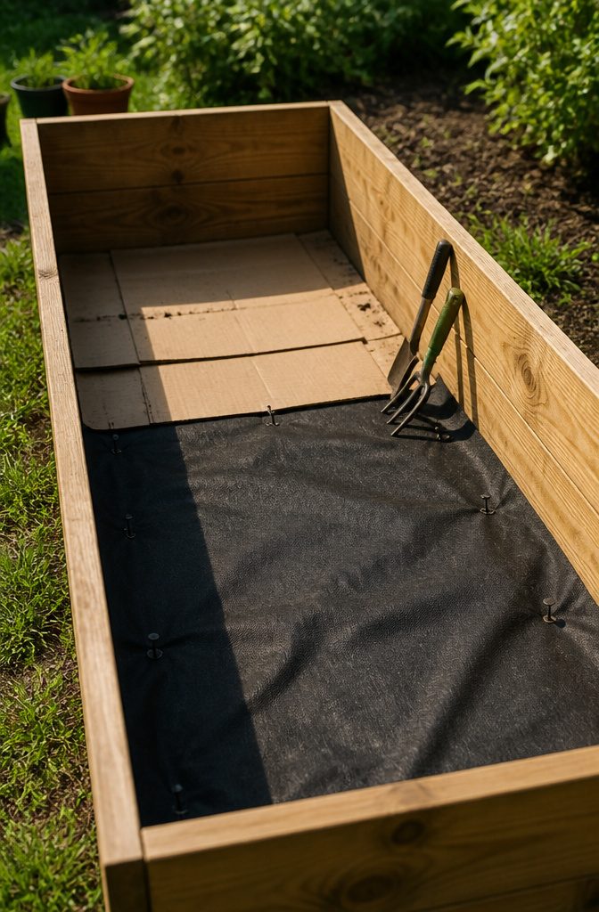 How to Build an Easy DIY Raised Garden Bed in 8 Steps 5 Interior of a raised bed lined with cardboard and fabric, prepared for soil.
