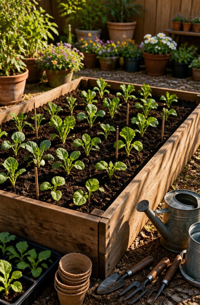 How to Build an Easy DIY Raised Garden Bed in 8 Steps 7 A raised garden bed with labeled seed packets and seedlings for planting.