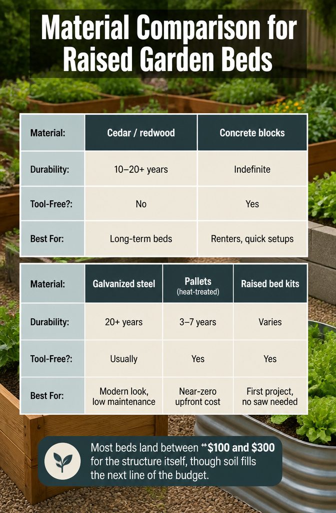 How to Build an Easy DIY Raised Garden Bed in 8 Steps 2 An information image comparing materials for raised garden beds.