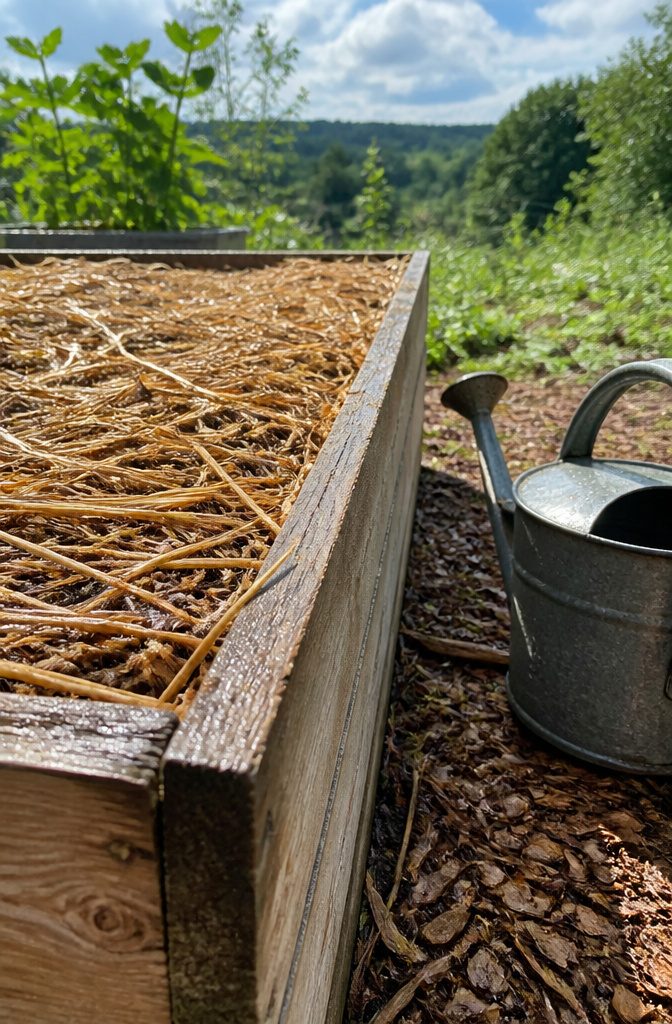 How to Build an Easy DIY Raised Garden Bed in 8 Steps 8 Close-up of straw mulch on soil in a raised garden bed after watering.