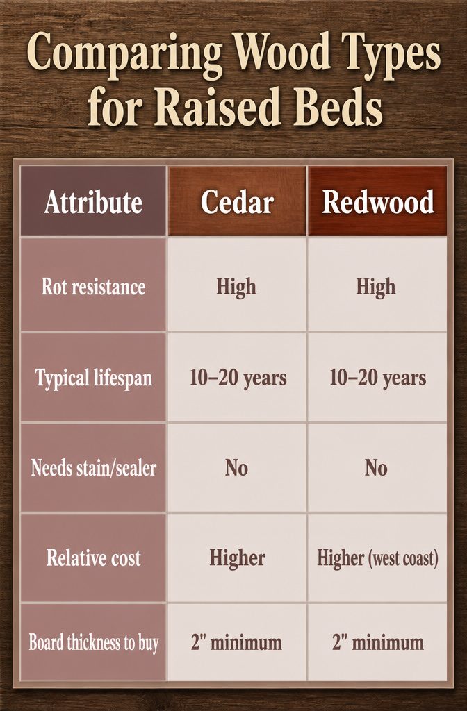 How to Build an Easy DIY Raised Garden Bed in 8 Steps 9 An information image comparing wood types for raised garden beds.