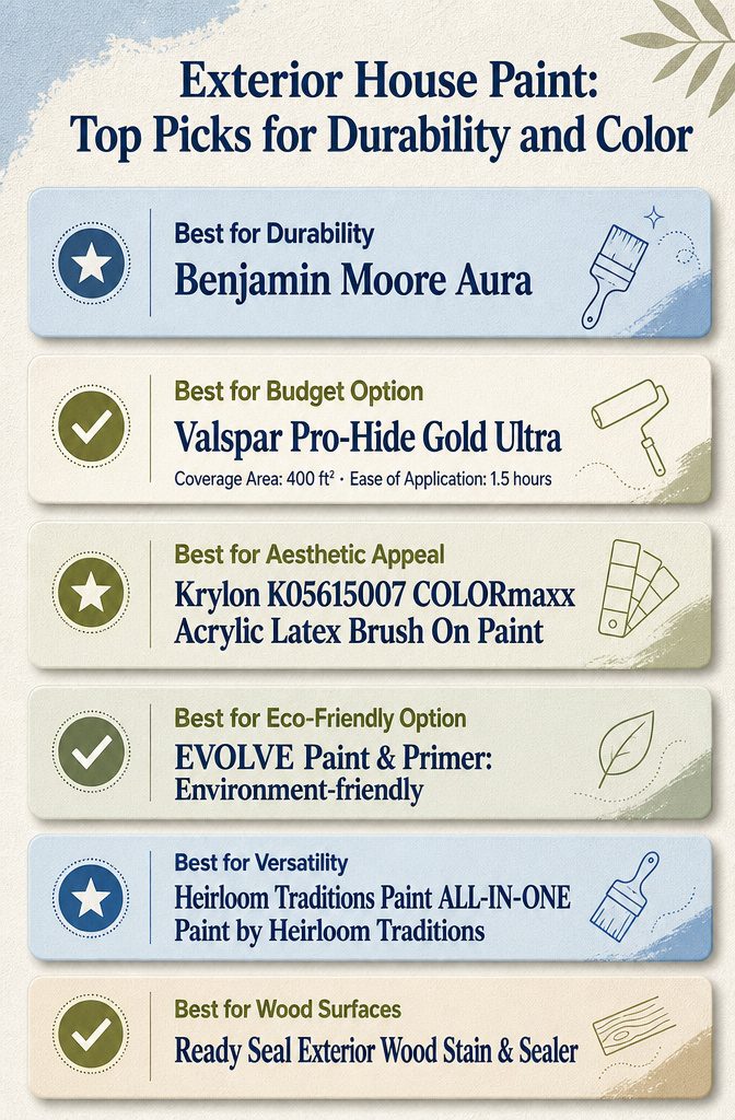 Exterior House Paint: 8 Top Picks for Durability and Color 6 Infographic comparing different exterior house paint products