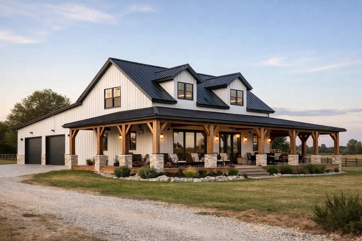 10 Ideas for Farmhouse Shed Home Style 5 A white farmhouse building featuring a large wooden wraparound porch with stone accents and a black roof.
