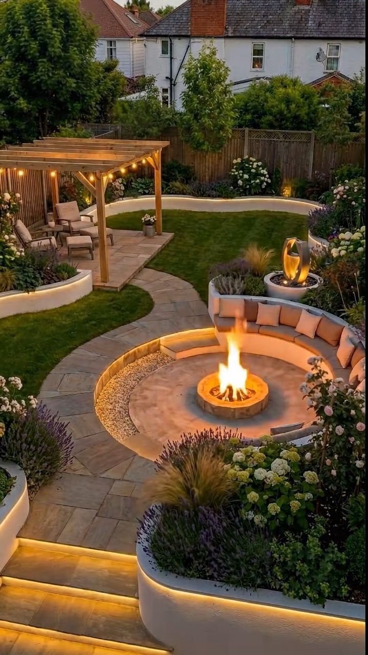 A modern landscaped garden with a circular fire pit, stone paths, and a lit wooden pergola.