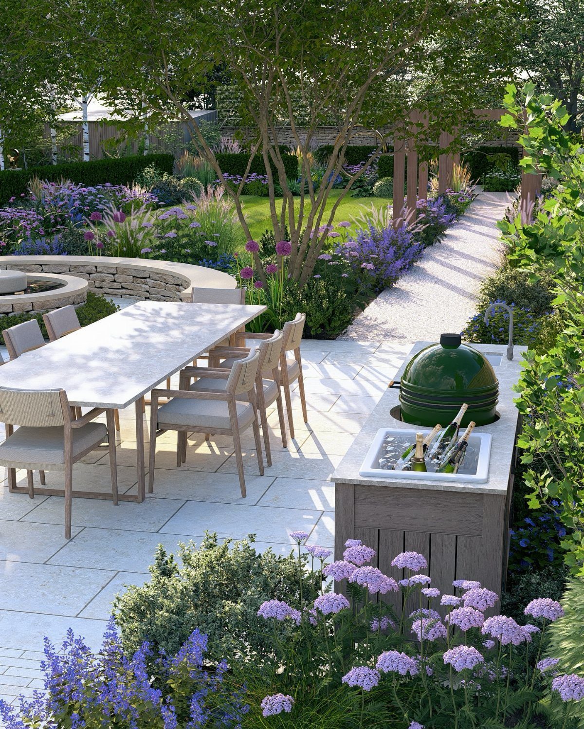 A landscaped garden patio with a dining table, outdoor grill, and blooming purple flowers.