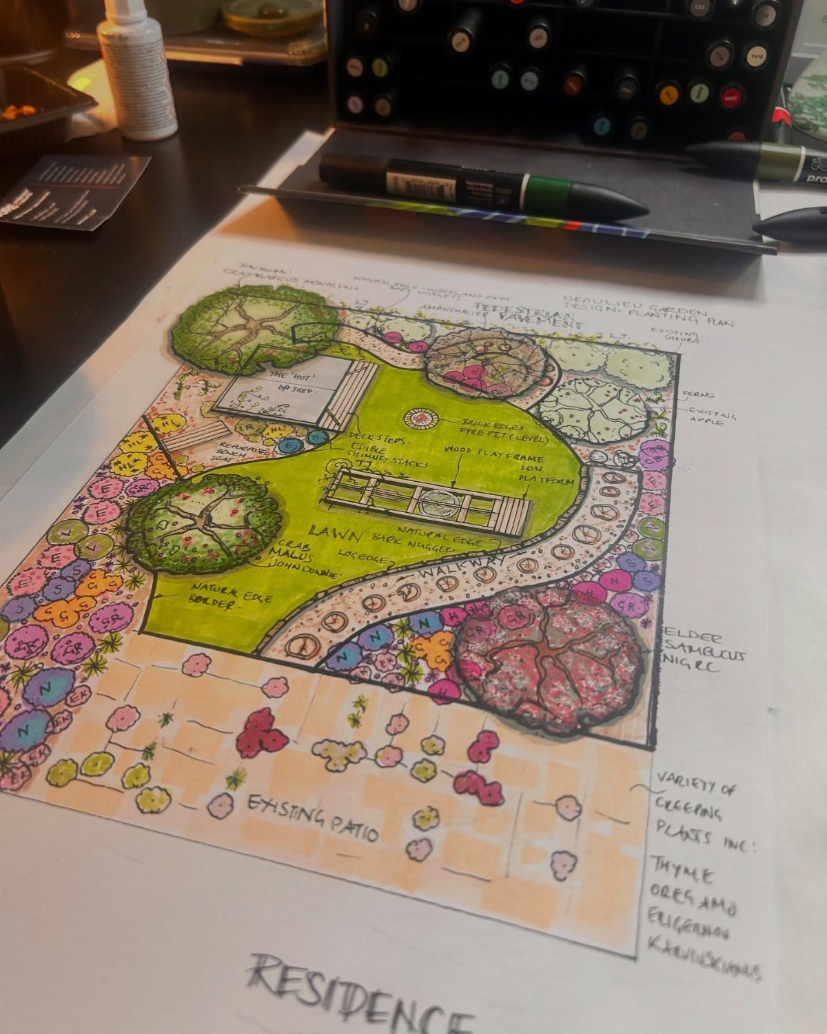 Hand-drawn colored landscape design plan showing garden layouts, trees, and patio on paper.