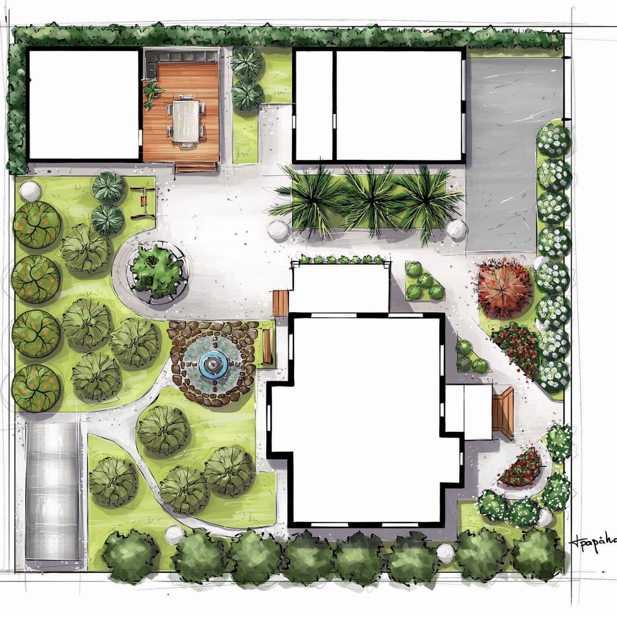 Architectural site plan rendering showing a house, garden, patio, and landscaping elements from a top-down view.