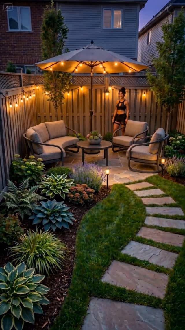 A landscaped backyard garden with a stone walkway, lush greenery, and a furnished patio area under string lights.