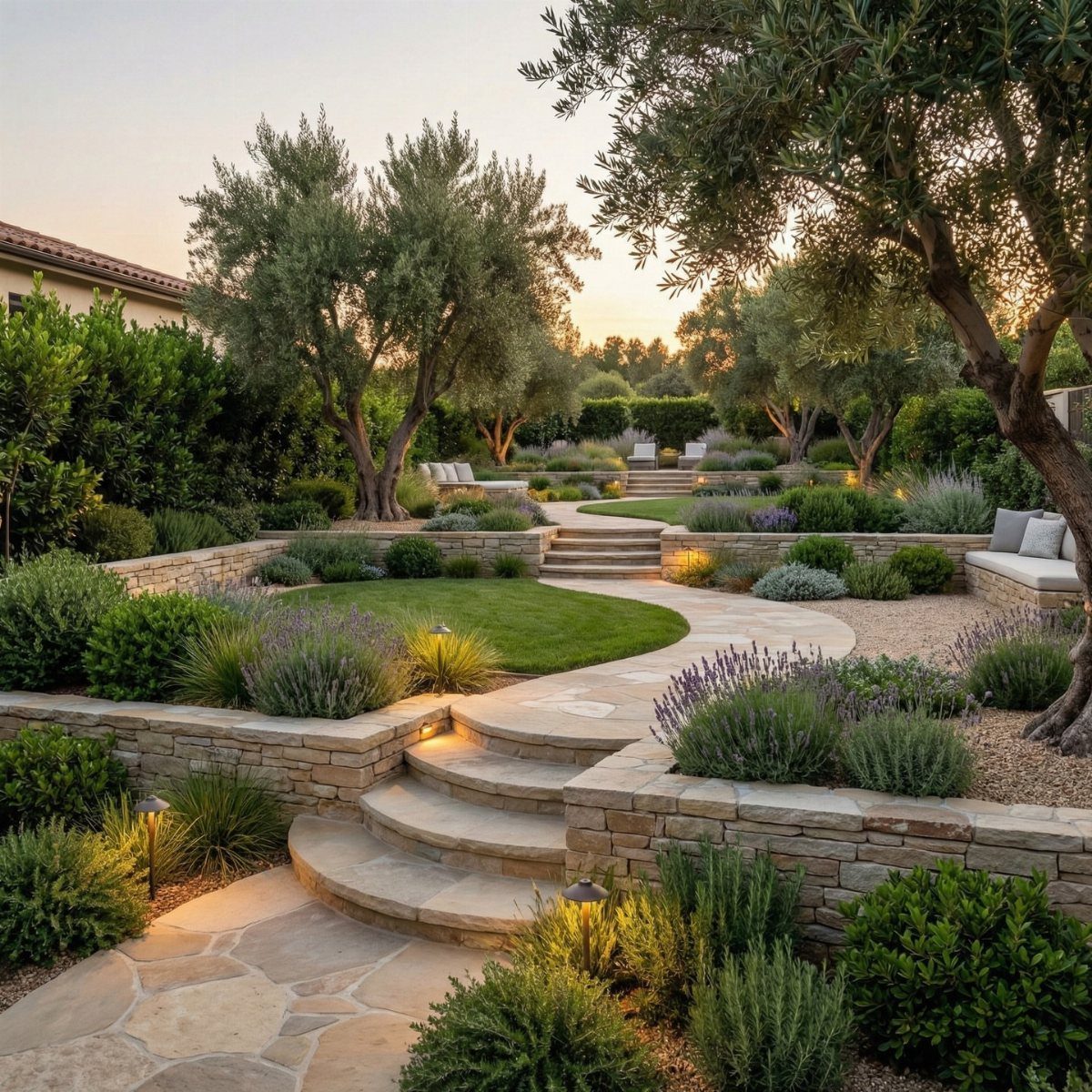 A landscaped garden with stone paths, tiered stone walls, olive trees, and lavender bushes.