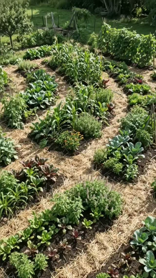 Green herb plants growing in curved rows within a garden bed covered in straw mulch.