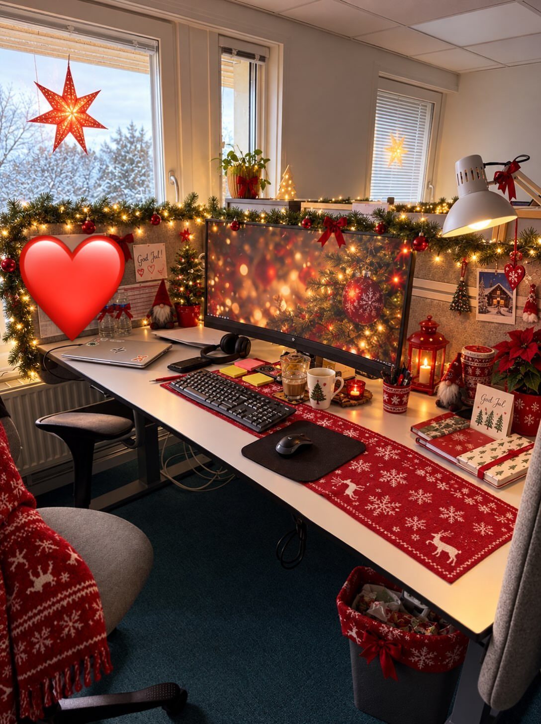 A festive office desk decorated with green garlands, red bows, string lights, and holiday ornaments.