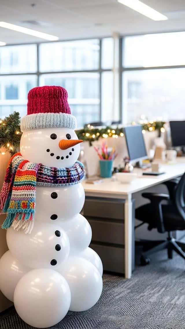 A large snowman made of white balloons wearing a red hat and colorful scarf in an office.