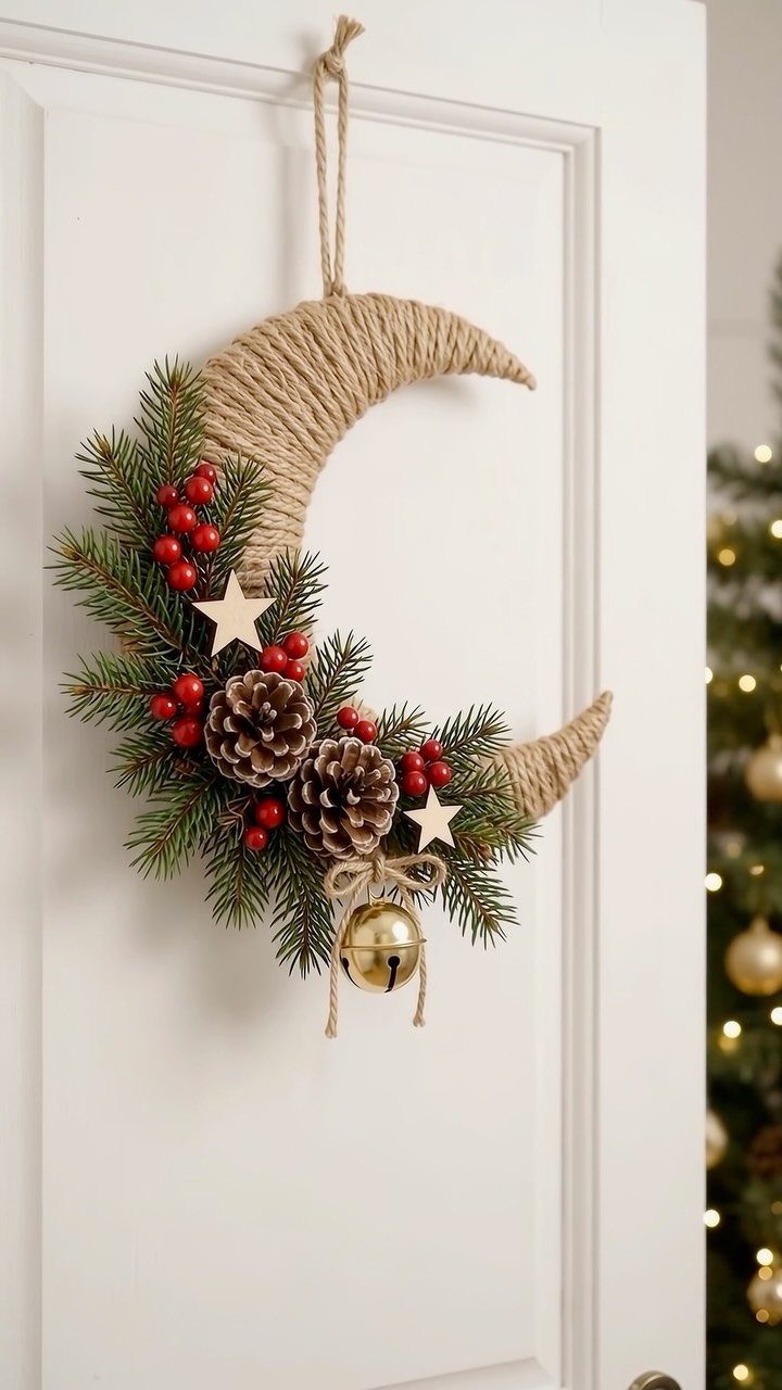A twine crescent moon wreath decorated with pine, berries, pinecones, and a gold bell hanging on a door.