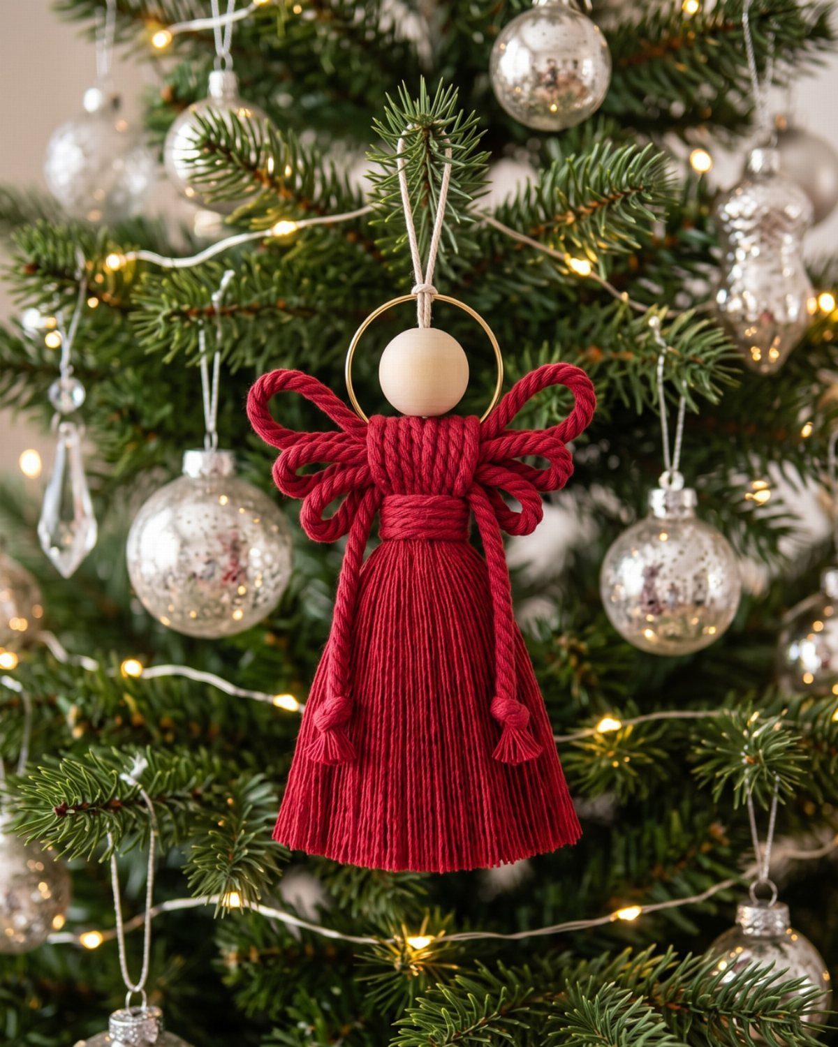 Red macrame angel ornament with a wooden bead head hanging on a lit Christmas tree.