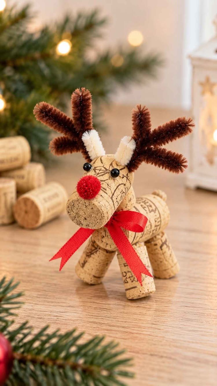 A reindeer ornament crafted from wine corks with brown pipe cleaner antlers and a red ribbon.