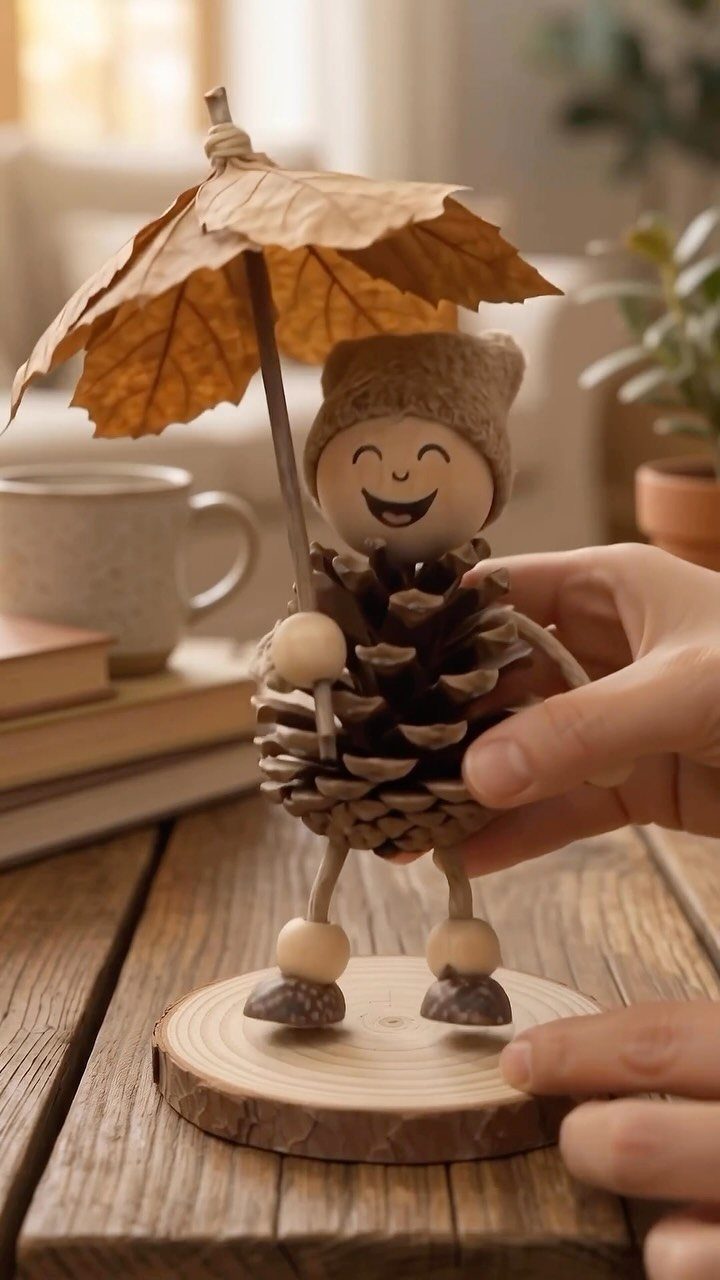 A handmade pine cone character holding a dried leaf umbrella on a wooden base.