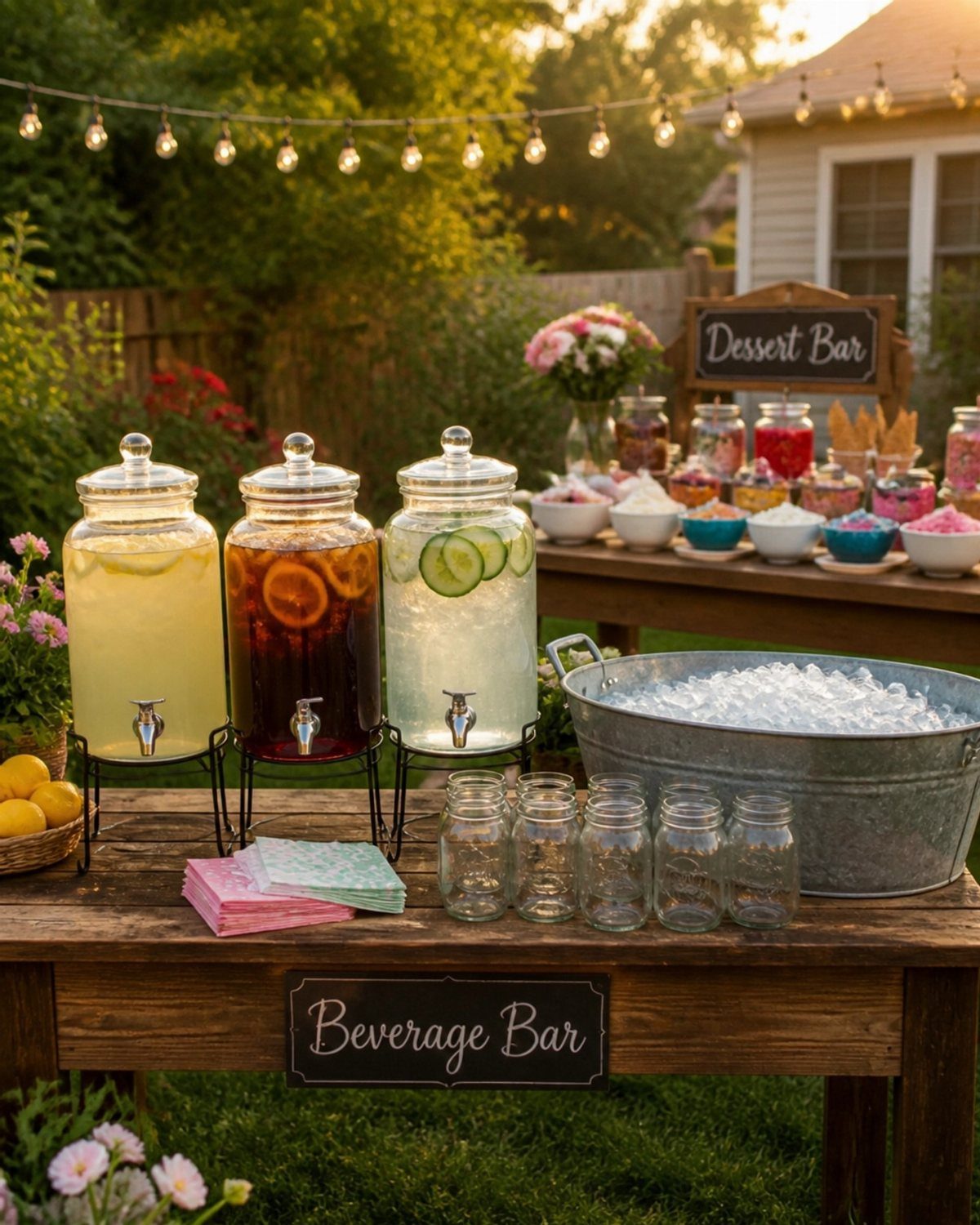 Three glass beverage dispensers with fruit-infused water sit on a wooden table with ice and mason jars.