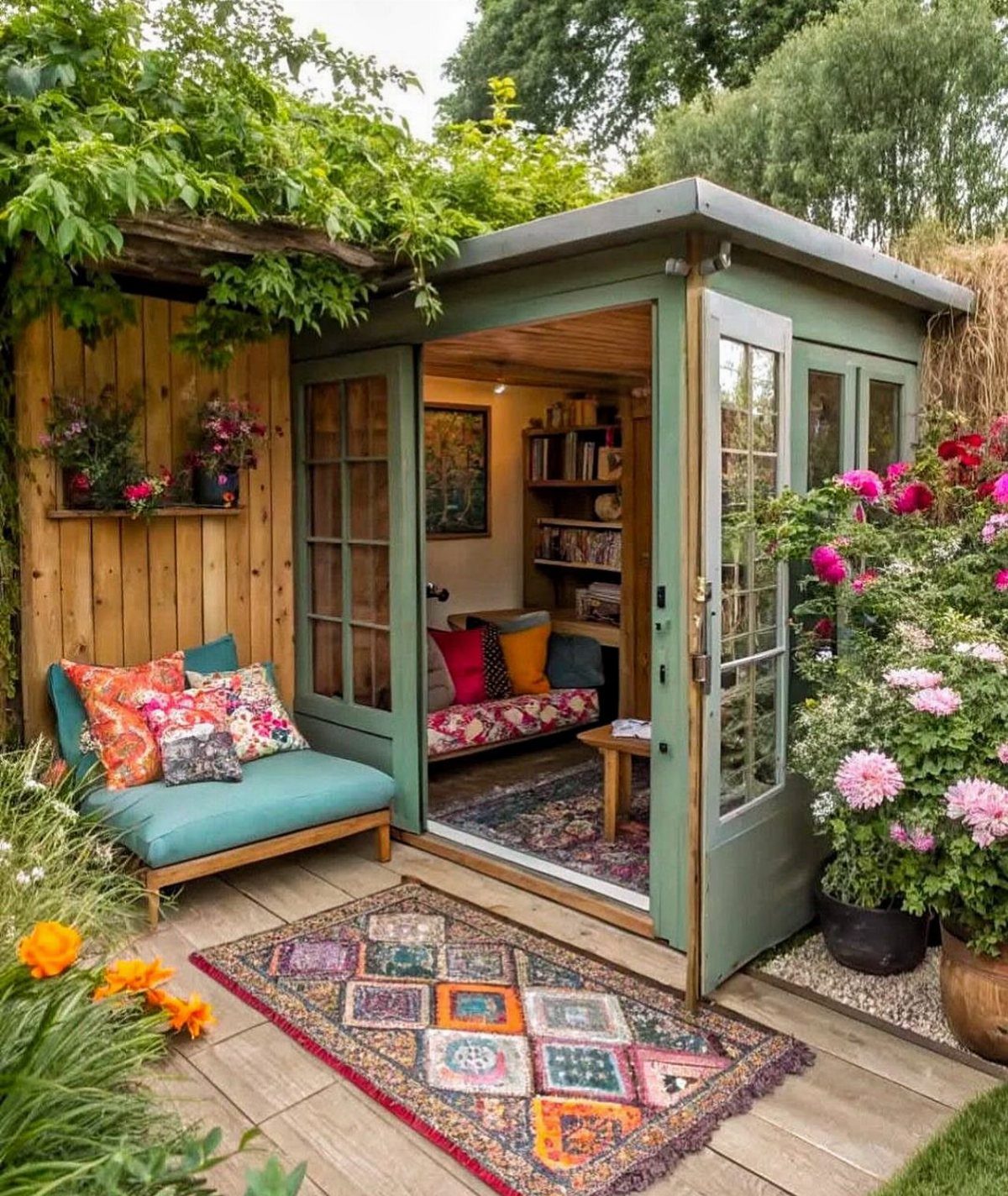 A green garden studio with open doors revealing a cozy interior lounge surrounded by flowers and outdoor seating.