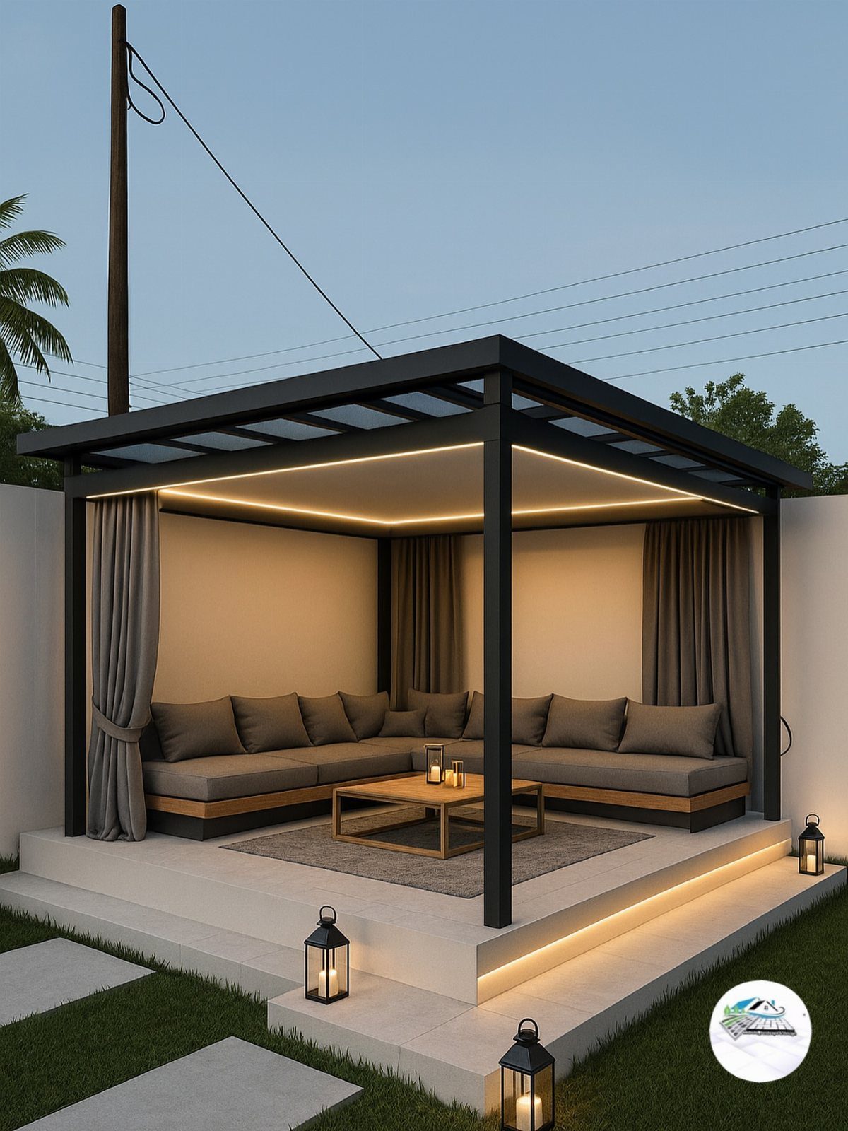 Modern outdoor pavilion featuring a large grey sectional sofa and integrated LED lighting.