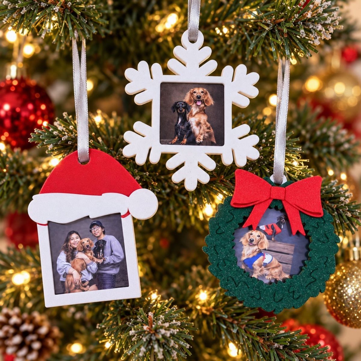 Three custom photo ornaments shaped like a snowflake, Santa hat, and wreath hanging on a Christmas tree.