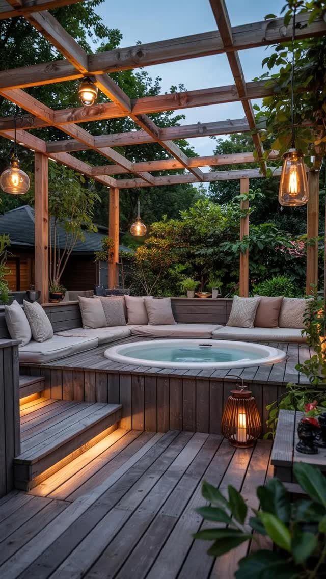 12 Porch and Deck Ideas for Outdoor Living 2 A wooden backyard deck featuring a built-in hot tub and cushioned lounge seating under a pergola.