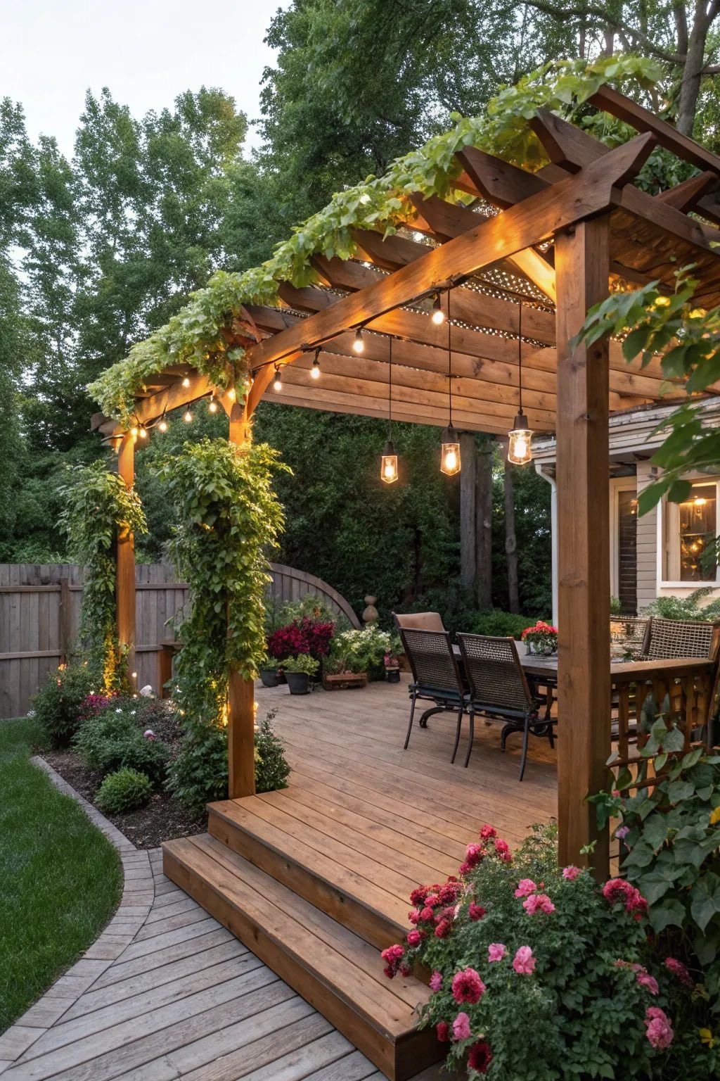 12 Porch and Deck Ideas for Outdoor Living 11 A wooden deck with a vine-covered pergola and hanging lights overlooking a garden.