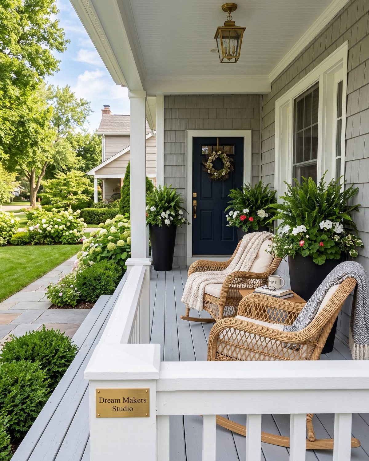 12 Porch and Deck Ideas for Outdoor Living 12 White traditional railings on a gray wooden porch with wicker rocking chairs and potted plants.