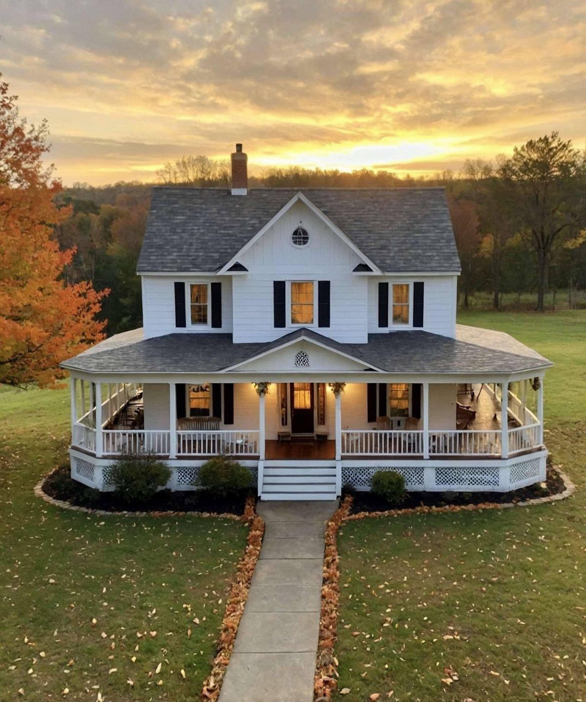 12 Porch and Deck Ideas for Outdoor Living 5 A white two-story house featuring a large, traditional wrap-around porch under a sunset sky.