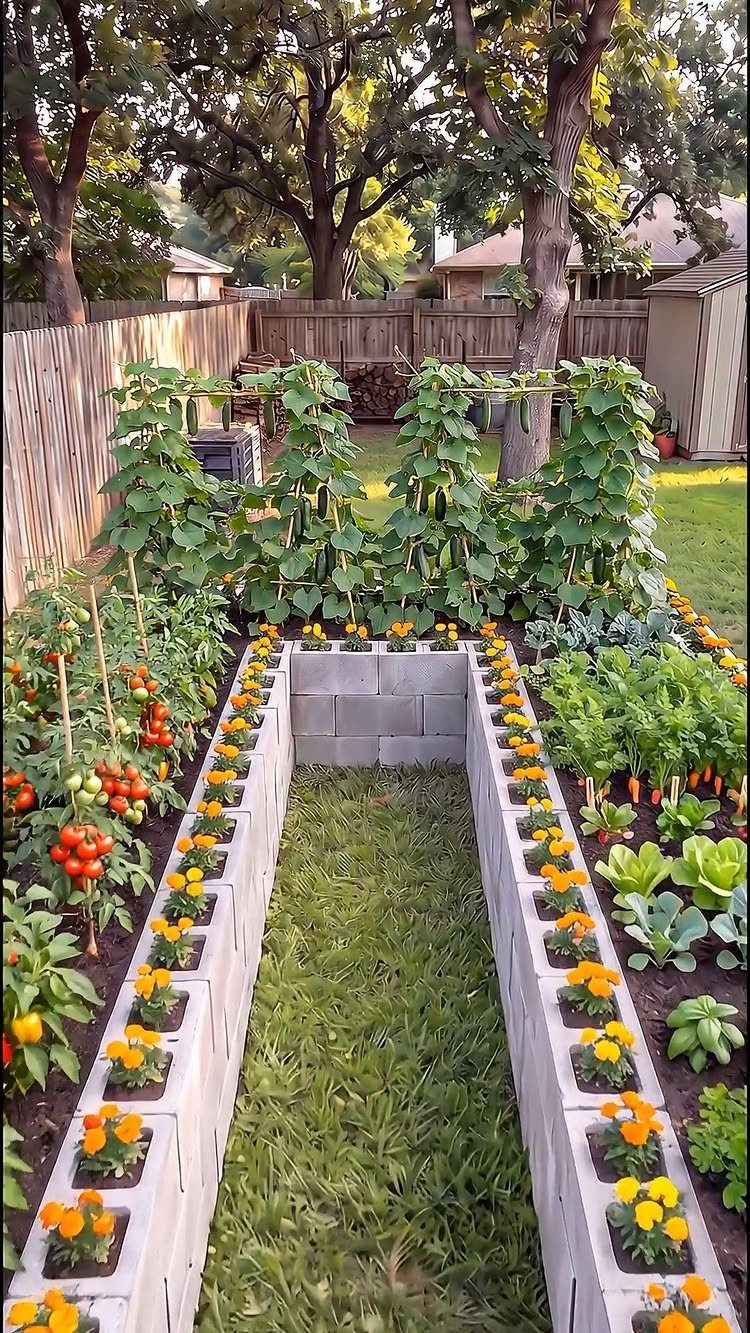 9 Raised Garden Ideas DIY Crafters Build from Scrap and Stone 1 Concrete block garden beds filled with vegetables and orange flowers in a backyard setting.