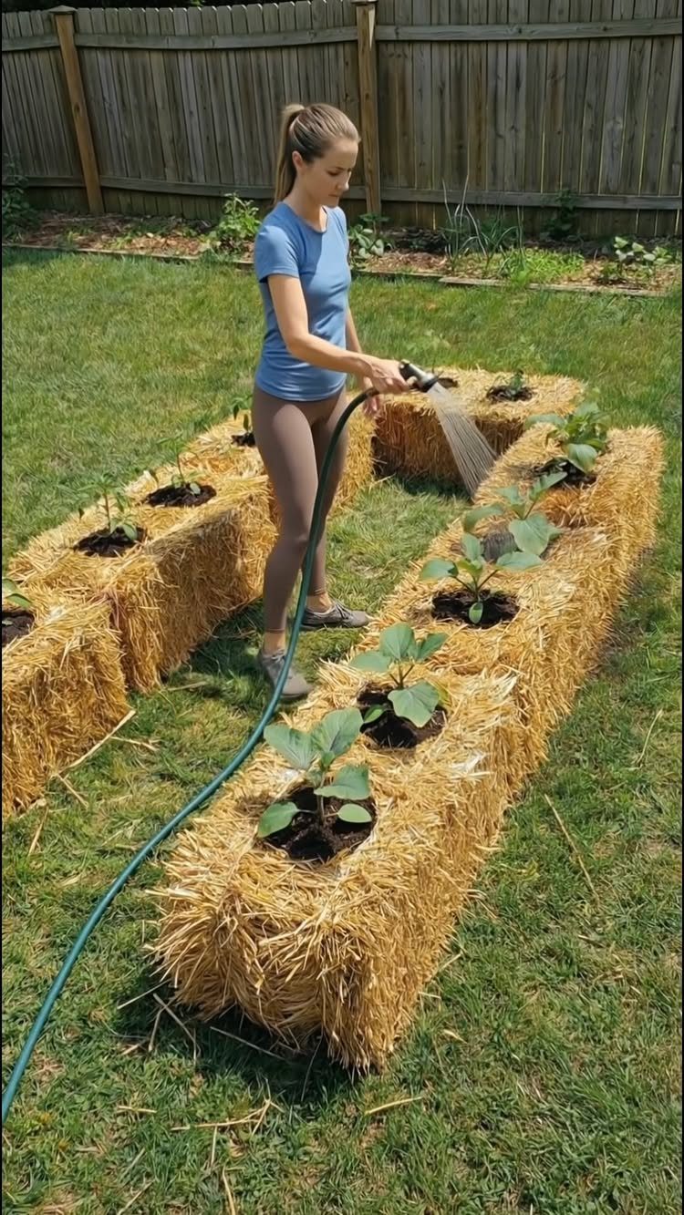 9 Raised Garden Ideas DIY Crafters Build from Scrap and Stone 4 A woman watering small green plants growing in straw bales in a backyard garden.