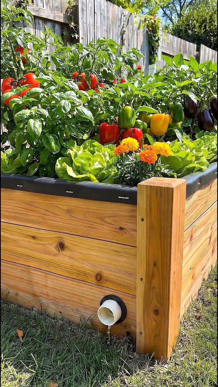 9 Raised Garden Ideas DIY Crafters Build from Scrap and Stone 8 A wooden raised garden bed overflowing with green leafy vegetables and colorful peppers.
