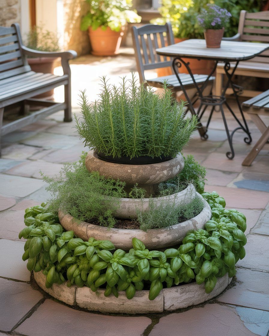 6 Raised Herb Garden Ideas for Every Space and Skill Level 2 A tiered stone planter filled with rosemary, thyme, and basil on a stone patio.
