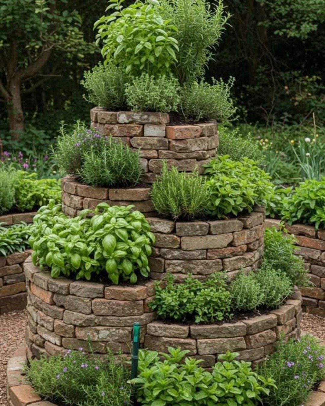 6 Raised Herb Garden Ideas for Every Space and Skill Level 4 A tiered stone herb garden spiral filled with lush green basil and rosemary plants outdoors.