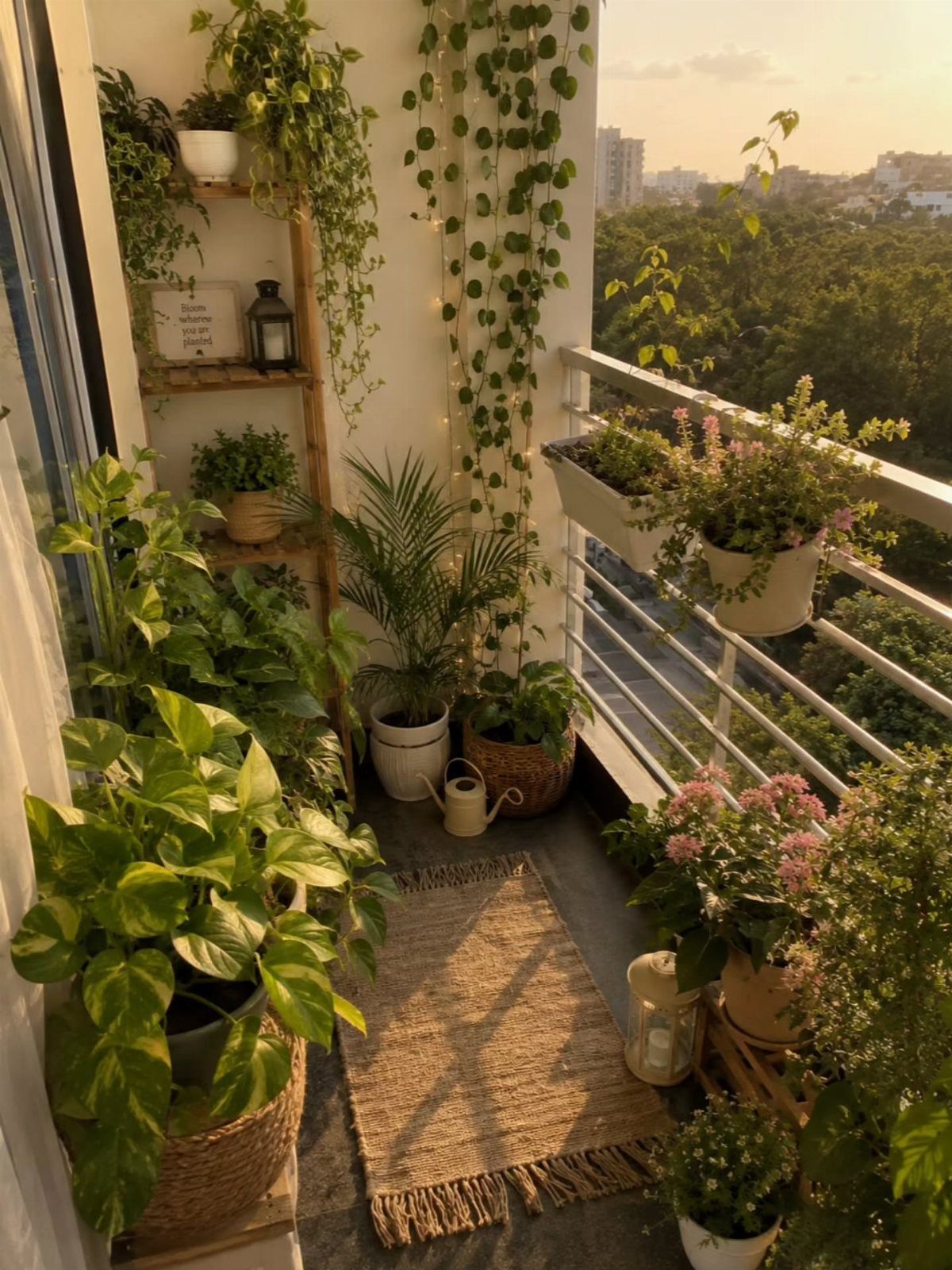 Numerous potted green plants and hanging vines decorating a narrow balcony with a small rug.