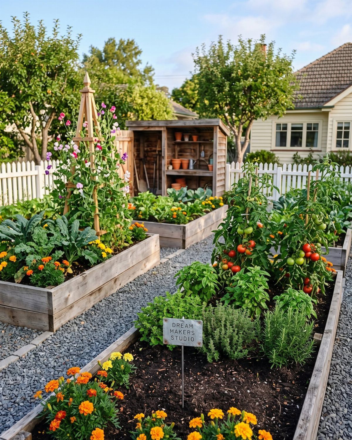 Wooden raised garden beds containing tomatoes, leafy greens, and orange marigolds on a gravel path.