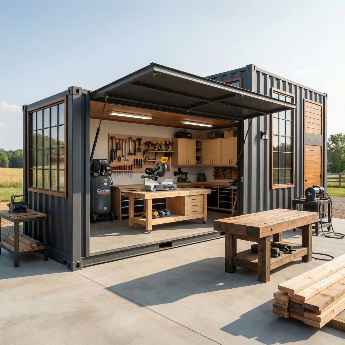 A converted shipping container workshop with an open side panel revealing organized tools and workbenches inside.