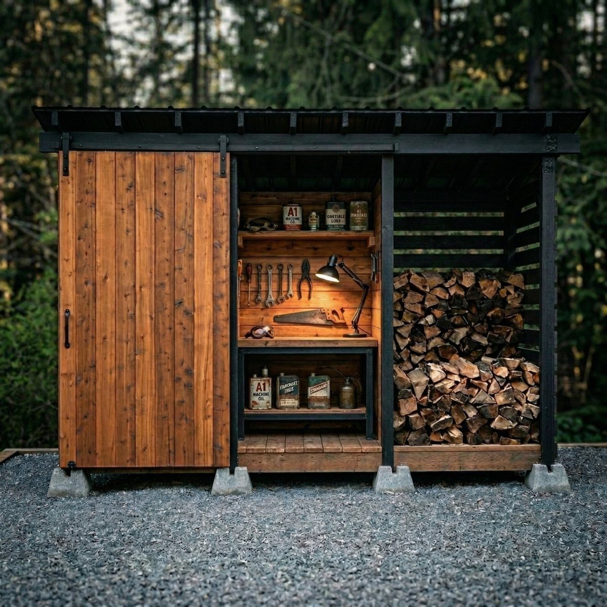 A wooden outdoor shed featuring an organized workshop area and a firewood storage compartment.